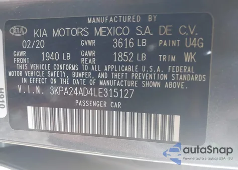 2020 Kia Rio S z USA, uszkodzony, nr VIN 3KPA24AD4LE315127